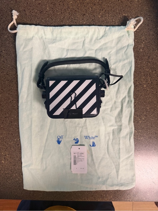 Off-White Handbags - Off-White Black Leather Mini Shoulder Bag with White Diagonal Stripes